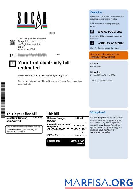 Downloadable Azerbaijan Socar gas business utility bill template, fully editable in PSD format